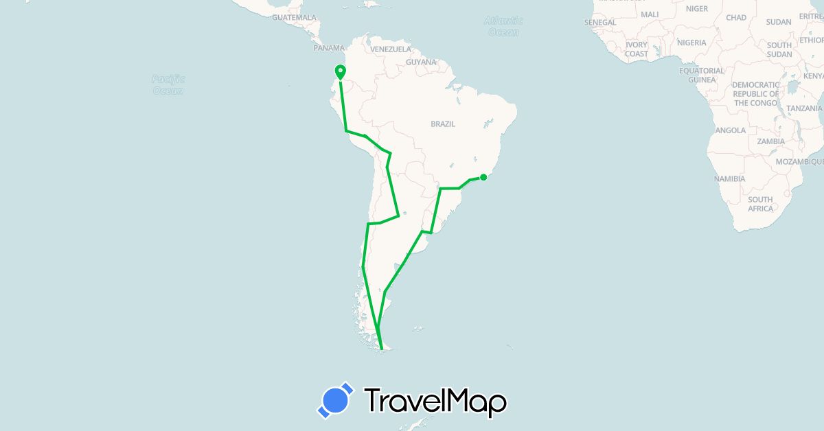 TravelMap itinerary: driving, bus in Argentina, Bolivia, Brazil, Chile, Ecuador, Peru, Uruguay (South America)